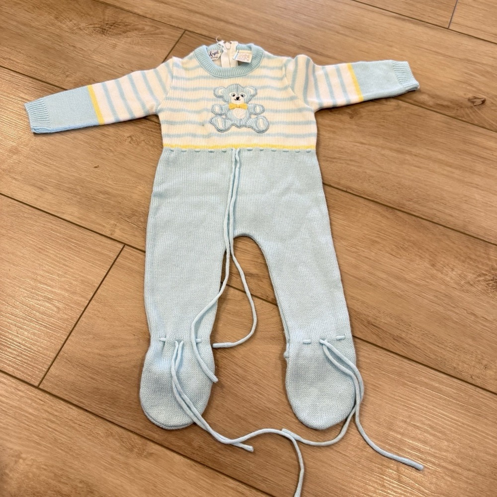 Vintage Little Angels Baby Knit Romper 3 Months Blue Yellow Teddy Bear Footed